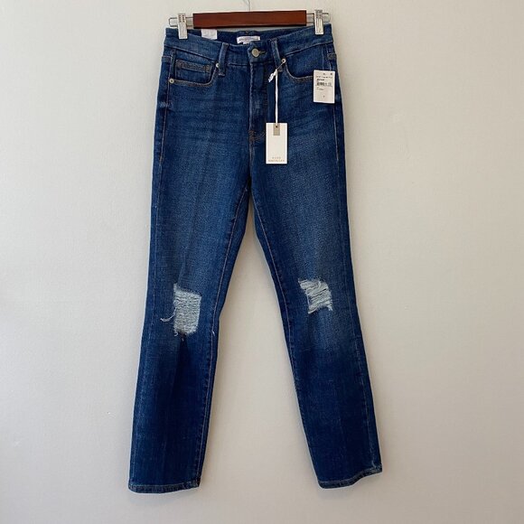 Good American Denim - Good American Good Classic Straight Distressed Jeans Size 4/ 27 Dark Wash